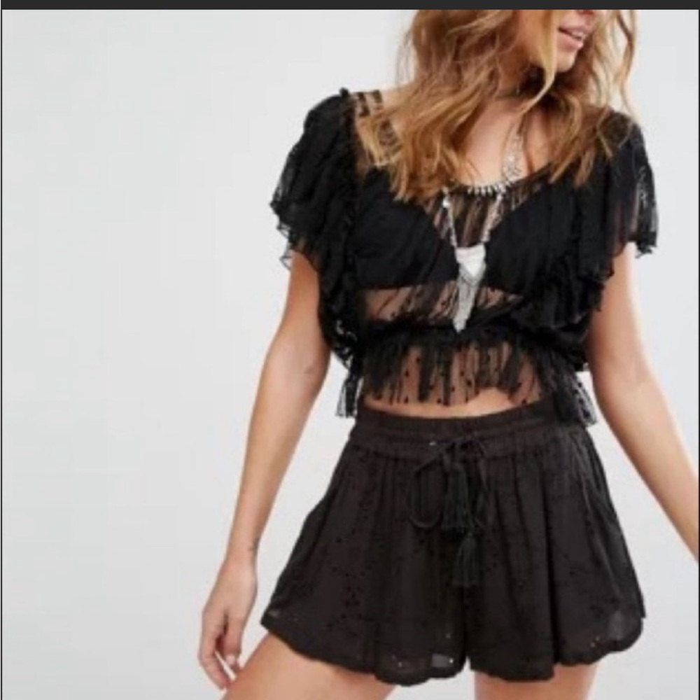 Free People Black Sweet Surprise Sheer Polka Dot Lace Top Sz small